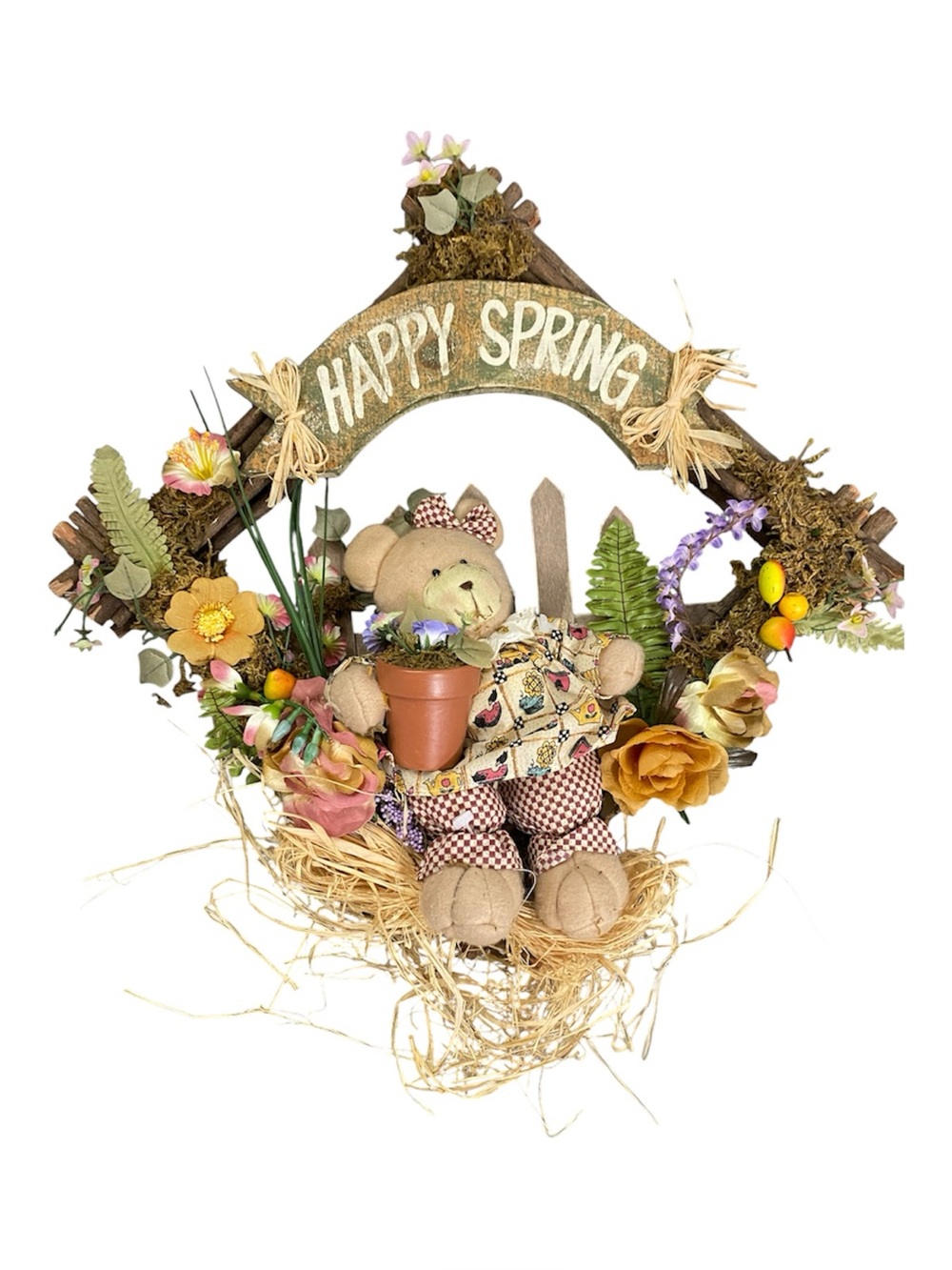 Happy Spring Bear Wreath - Floral Easter Door Decor